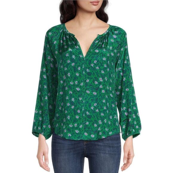 ROLLER RABBIT Green Floral Long Sleeve Top Peasant Blouse Lucy Size‎ Large New - Picture 1 of 13